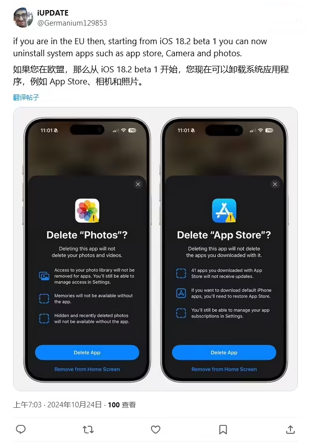 双河苹果手机维修分享iOS 18.2 支持删除 App Store 应用商店 